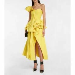 Alexander McQueen Asymmetric Ruffled Faille Gown