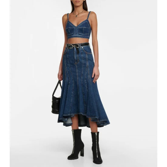 Alexander McQueen Flared Denim Midi Skirt 1 Alexander McQueen Flared Denim Midi Skirt