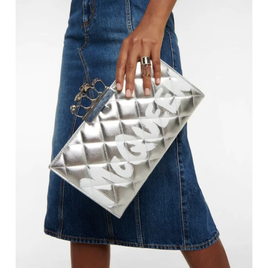 Alexander McQueen Jewelled Logo Metallic Leather Clutch 1 Alexander McQueen Jewelled Logo Metallic Leather Clutch