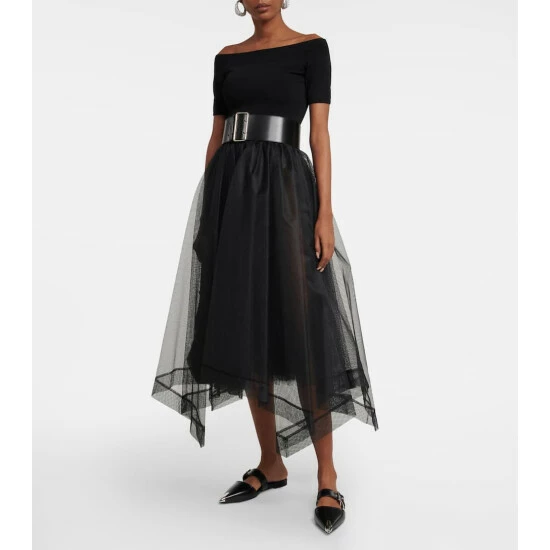 Alexander McQueen Asymmetrical Tiered Tulle Midi Skirt 1 Alexander McQueen Asymmetrical Tiered Tulle Midi Skirt
